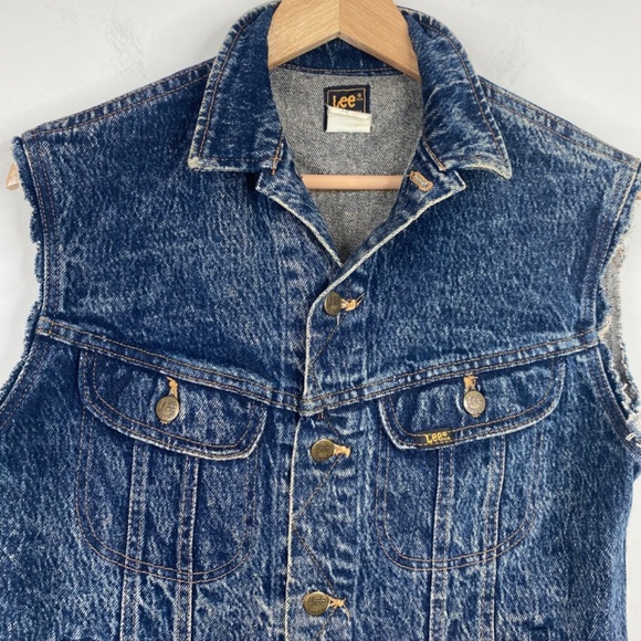 Vintage 90s Lee Denim Vest 18 Acid Wash USA Cut off Western Trucker Retro Grunge - Picture 2 of 8